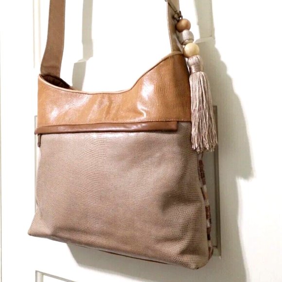 NEW Sharif BOHO WESTERN Beige Brown Patchwork 100% Croc Leather Shoulder Bag - Picture 11 of 14